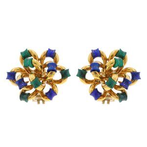 Yellow Gold Malachite & Lapis Lazuli Floral Bow Large Stud Earrings 18k Pierced